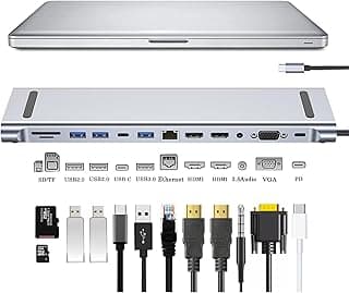 USB C Docking Station, 12-in-1 USB C Hub Triple Display Multiport Adapter with Dual 4K HDM/VGA/3.5 Audio/PD 87W/SD/TF/Ethernet/3 USB Ports for Computer Docking Station, More Type-C Devices