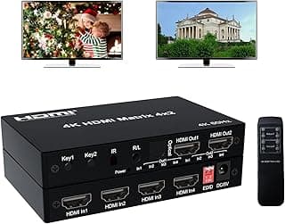 4x2 HDMI Matrix Switch 4K@60HZ,4 in 2 Out HDMI 2.0 Splitter with Out Audio Switch(Optical + 3.5mm)& EDID Extractor Multi Video Box, Button Press+IR Remote Control, HDCP2.2,Gbps 18,3D, HDMI 4:4:4, HDR