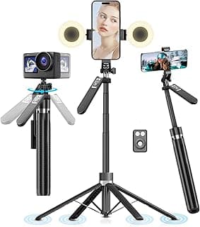 حامل ثلاثي (ترايبود) 180 سم للموبايل مع إضاءة، عصا سيلفي مع ريموت بلوتوث، دوران 360 درجة، متوافق مع ايفون واندرويد والكاميرات (أسود)