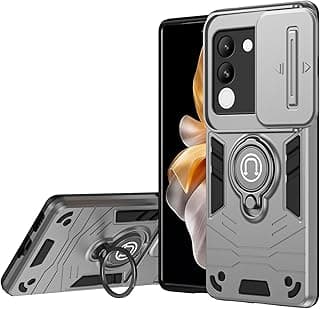 جراب موبايل متوافق مع Vivo v29e 5G مع غطاء كاميرا منزلق، خامة ناعمة وصلبة مع حلقة معدنية دوارة 360 درجة (رمادي)