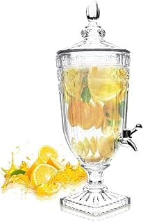 3L Glass Drink Dispenser for Parties, Iced Beverage Dispenser with Spigot Crystal Vintage Beverage Server Water Dispenser for Party Wedding Home Picnic Birthday (Style 1)