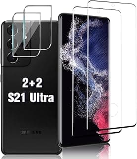 [عبوة 2+2] اسكرينة حماية للشاشة سامسونج Galaxy S21 Ultra مع حماية لعدسة الكاميرا، زجاج مقوى 9H، تدعم بصمة الإصبع، منحنية 3D، مضادة للخدش، عالية الدقة بدون فقاعات، لهاتف سامسونج Galaxy S21 Ultra (6.8 بوصة)
