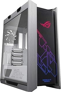 كيسة كمبيوتر ميد تاور ATX الاصدار الابيض موديل هيليوس ستريكس ROG من اسوس، مع الواح زجاج مقوى فاميه وهيكل الومنيوم مصقول وتقنية اورا للمزامنة