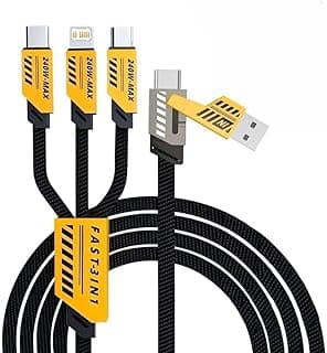 240W High-Power Fast Charging Cable, 5-in-1 USB to USB-C/Lightning/Micro USB, Built-in Chip, Ultrafast, Black & Yellow