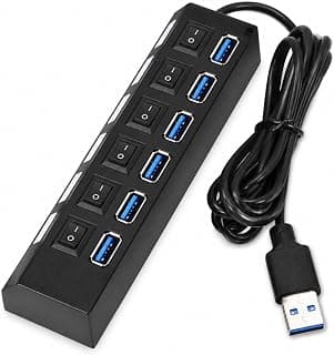 USB Hub 3.0 with 7 Ports, Individual On Off Switches, LED Indicators, 5Gbps High Speed Data Transfer Splitter, Multiport Expander Adapter for Laptop, Desktop, Keyboard, Mouse, Flash Drive, Printer