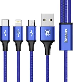 كابل بيانات وشحن متعدد 3 في 1 (ايفون، مايكرو USB، تايب سي)، شحن سريع 3 أمبير (أزرق)