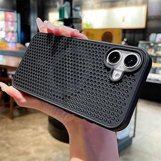 جراب شبكي من TPU + PC جيد التهوية ومشتت للحرارة فائق النحافة مع حلقة مغناطيسية لهاتف ابل ايفون 17 مقاس 6.3 بوصة (أسود)