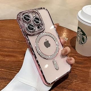جراب Fekra الفاخر لهاتف iPhone 16 متوافق مع Mag-Safe، مغناطيسي للنساء، مع حواف مرصعة بالألماس، جراب شفاف (ذهبي وردي، ايفون 16)