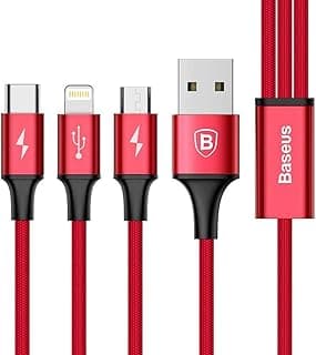 Baseus Multi Charger USB Data Cable iP Micro USB Type-C 3in1Charging Cable 3A Fast Charging Data Cables (Red)