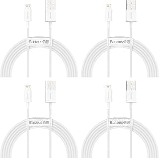 بيسوس كابل Superior 2.4A بطول 2 متر من USB إلى Lightning معتمد من MFi للشحن السريع وتوصيل الطاقة لاجهزة ابل ايفون 14 Pro Max / 13/12/ 11/ XMax/Xs/XR/ 8Plus/ SE / 7/6sPlus - 2 متر - أبيض - كمية (4)