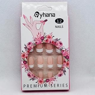12PCS Square French Press On Nails – Premium Reusable Fake Nails for Women – Colored French Tip Manicure in Purple, Gold, Silver, Olive Green & Red (Pink Base French)