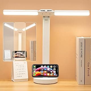 مصباح مكتب LED برأس مزدوج، قابل لإعادة الشحن، مريح للعين، تحكم باللمس مع منفذ شحن USB، مصباح بجانب السرير للقراءة، مصباح دراسة للأطفال، للمنزل والمكتب، أبيض