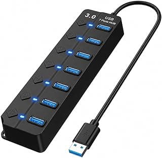 USB 3.0 7-Port Hub with Individual Power Switches High-Speed Multi USB Splitter Adapter with LED Indicators for Laptop, PC