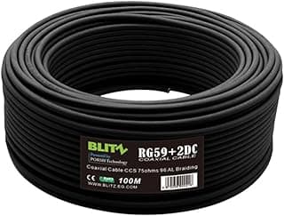 كابل محوري RG59 2DC بطول 100 م CCS ومقاومة 75 أوم 96 مضفر من الألومنيوم ومعتمد بشهادة CE لكاميرات المراقبة ونقل الإشارات من بليتز - لون أسود