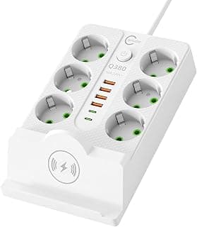 ELMAGHRABY Q380 Power Extension Strip 2500W with Wireless Charger, 6 AC Outlets, 4 USB & 2 USB-C Ports, 2M Heavy Duty Cord, Individual Switches, Overload & Child Safety, White
