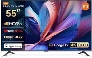 تلفزيون شاومي ايه برو 55، 55 بوصة (140 سم)، 4K UHD QLED، تلفزيون ذكي، تلفزيون جوجل، تحكم صوتي، HDR10+، وضع تعزيز الالعاب 120 هرتز، ام ام سي، 2+8 جيجا، متوافق مع ابل اير بلاي وجوجل كاست