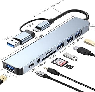 موزع USB C، محول 8 في 1، منفذ USB 3.0، 3 منافذ USB 2.0، قارئ بطاقات SD/TF، منفذ صوت 3.5 مم، لأجهزة ابل MacBook، MacBook Pro، Macbook Air، ديل، Surface والمزيد من أجهزة Type-C (01HUB-8)