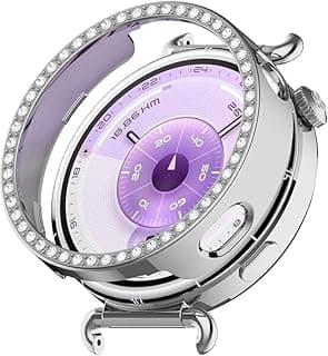 جراب مرصع بالألماس لساعة هواوي GT 6 مقاس 41mm، إطار صلب مع كريستال، غطاء حماية نسائي مضاد للصدمات، بدون واقي شاشة (فضي)