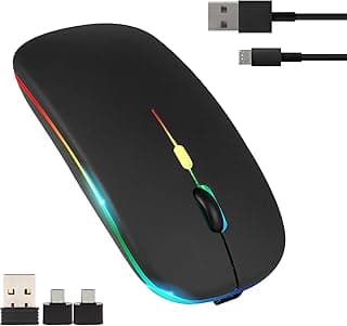 ماوس بلوتوث لاسلكي للاب توب مع محولين USB نوع ايه إلى سي بتردد 2.4 جيجاهرتز قابل لإعادة الشحن بـ800 2400 نقطة في البوصة نقرة صامتة وإضاءة ار جي بي وتصميم نحيف بـ3 أزرار