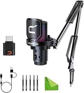Wireless USB Microphone for Computer and Smartphone,48kHz/24bit RGB Cardioid Condenser Gaming Mic for Podcasting,Streaming,Recording with Boom Arm Stand-Black (EJoy Uni Pro A)