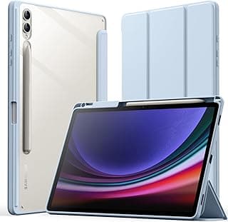 جراب لهاتف سامسونج جالاكسي تاب S10 Plus/تاب S9 Plus مقاس 12.4 بوصة مع حامل قلم S Pen، ظهر شفاف من البولي كربونات، جراب تابلت بمسند ثلاثي الطي ومضاد للصدمات، خاصية النوم/الاستيقاظ التلقائي (أزرق فاتح)