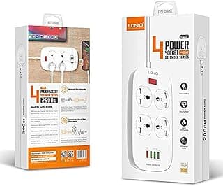 لدنيو مشترك كهربائي و شاحن مع 4 عين UK و ثلاث مخارج USB بقدرة 3.4 أمبير, و مخرج QC3 بقدرة 18 واط بجسم مضاد للحريق و كابل بطول 2 متر 2500 واط