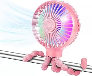 Stroller Fan, Personal Desk Fan with Flexible Tripod Design, 3 Speeds USB Rechargeable Fan with LED Lights, Quiet Handheld Fan for Baby Stroller, Office, Car Seat, Camping (Pink),H826