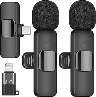 2 Pack Professional Wireless Lavalier Lapel Microphone for iOS, Android - Omnidirectional Recording Mini Clip-on Mic with Built-in Noise Reduction for Video Interview, Podcast, Vlog, YouTube