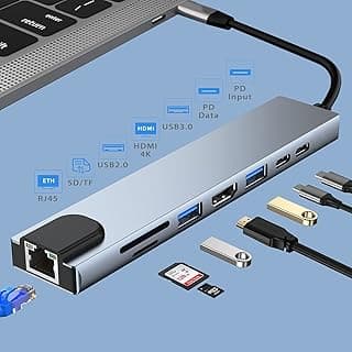 موصل USB C هاب، 8 في 1 متعدد المنافذ من الألومنيوم لأجهزة ماك بوك برو/اير وأجهزة Type-C مع مخرج 4K@30Hz، شحن سريع PD 87W، منافذ USB 1.1, 2.0, 3.0، قارئ كروت SD/TF، نقل بيانات (8 في 1)