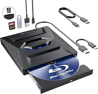 محرك أقراص بلو راي خارجي، قارئ كاتب مشغل بلوراي محمول، مشغل CD مع منفذ USB 3.0 نوع C وبطاقة SD، DVD وCD-ROM +/-RW، محركات بلو راي خارجية للكمبيوتر واللاب توب والكمبيوتر المكتبي وويندوز وماك ولينكس