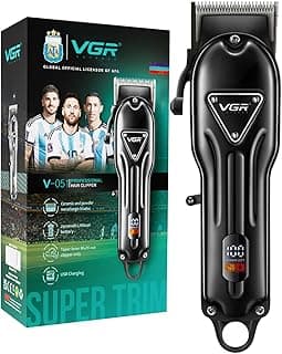 في جي ار ماكينة حلاقة شعر احترافية V-051 صالون للرجال شاشة رقمية شفرات سيراميك ومسحوق بطارية ليثيوم 2500mAh وقت تشغيل 300 دقيقة 4 امشاط توجيه اسود كفالة لمدة عام