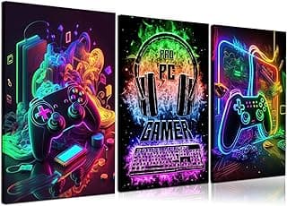 PPV 3Pcs Cool Gaming Wall Art Retro Video Gamer watercolor Posters Pictures Colorful Neon Gamepad Canvas Painting Prints for Boys Room Kids Gamer Room Bedroom for Boys Home Decoration 12x16in