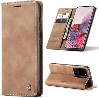 جراب موبايل متوافق مع سامسونج Galaxy S20 Ultra جلد PU فاخر غطاء قلاب بفتحة بطاقة مغناطيسية وحامل وظيفي متوافق مع سامسونج Galaxy S20 Ultra (بني)