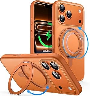 جي تيك جراب بحلقة دوران 360 درجة لهاتف ايفون الجديد Pro Max مقاس 6.9 بوصة مع زر تحكم بالكاميرا، متوافق مع ماج سيف، جراب رفيع مضاد للصدمات مع حامل (برتقالي)