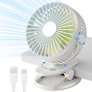 مروحة بمشبك، قابلة لإعادة الشحن عبر USB، دوران 360 درجة، 3 سرعات، مروحة مكتب محمولة، مروحة تبريد صامتة للتخييم، السرير، المكتب، السيارة (أبيض)