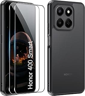 جراب موبايل لموبايل هونر 400 سمارت شبكة الجيل الخامس 5G وشبكة الجيل الرابع 4G وهونر X7d واقي شاشة من الزجاج المقوى مع حماية كاميرا، جراب خلفي شفاف من البولي يوريثين الحراري من زد زد جوج، أسود، 2 قطعة