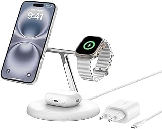 Belkin BoostCharge Pro 3 in 1 Wireless Charging Stand 15W with MagSafe Compatible Qi2 Technology, Fast Charger for iPhone 16, 15, 14, AirPods, Apple Watch (Power Supply Included) - White