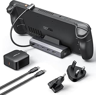 جي سوكس قاعدة شحن لستيم ديك مع شاحن 45 واط، قاعدة 5 في 1 مع HDMI 2.0 4K@60Hz وايثرنت 100 ميجابت لكل ثانية ومنفذ USB نوع A مزدوج 2.0 ومنفذ شحن USB-C 100 واط لستيم ديك OLED/روج الي/ليجن جو-HB0602