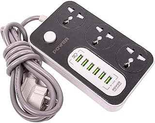 مشترك كهرباء واقي من اندفاع التيار 220 فولت مع 3 مقابس عالمية و6 منافذ شحن USB ذكية 2.4 امبير من جي باور ws341 - اسود ورمادي