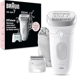 Silk-épil 7 SE 7-041 Wet & Dry Epilator, Wide Head, Shaver & Trimmer Head, German Made, +4 Extras, Smart Light, 40 MicroGrip Tweezers, Rechargeable Hair Removal Device - White