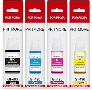 زجاجة حبر GI-490 بديلة 4 ألوان لكانون GI-490 لطابعات PIXMA G3400 G3410 G2400 G1400 G1411 G2411 G3411، تطبع حتى 8000 صفحة (أسود*1، سماوي*1، أرجواني*1، أصفر*1)