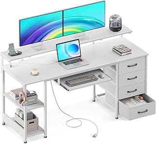 مكتب بـ 4 أدراج، مكتب كمبيوتر مع مقبسين ومنفذي شحن USB، طاولة كمبيوتر مع رف، طاولة ألعاب مع رف لوحة مفاتيح للمكتب وغرفة المعيشة من او دي كيه (لون أبيض، مقاس 1.40 متر× 52× 92 سم)