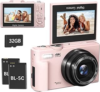 كاميرا رقمية 4K، كاميرا 64 ميجابكسل مدمجة للفلوج للتصوير مع واي فاي وشاشة قابلة للطي 3 بوصة 180 درجة، زووم رقمي 18X، مثالية لصناع محتوى اليوتيوب، تشمل بطاريتين وكارت ذاكرة 32 جيجابايت، لون وردي