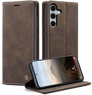 جراب موبايل متوافق مع سامسونج galaxy S25 FE، جراب جلد بفتحة جانبية متعدد الوظائف، مع مكان للكروت ومحفظة (بني)