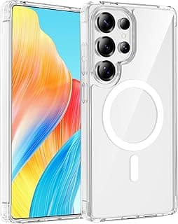 جراب سامسونج Galaxy-S26-Ultra: يدعم Magsafe، غطاء حماية شفاف متين ومضاد للصدمات مع مسند معدني مغناطيسي وحماية عسكرية