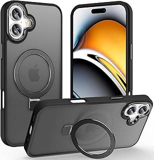 Magnetic for iPhone 16 Case with Ring Stand, [10 FT Drop Protection] [Velvety Touch] Slim Translucent Matte Back Shockproof Phone Case for iPhone 16 6.1'' (Black)