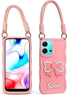 Soft Silicone Case Compatible with Vivo V25 / V25E - 3D Bow Design - with Hand Lanyard Same Color as Case - Full Protection Against Bumps and Scratches (Pink)