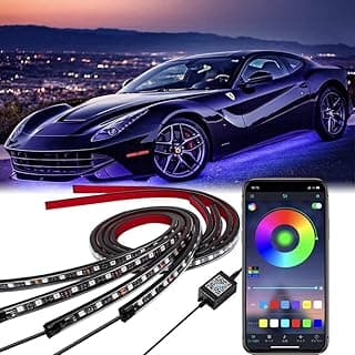 إضاءة محيطة للسيارة 4 قطع LED شريط إضاءة خارجي 12V RGB نيون متعدد الألوان مع تحكم بالتطبيق وخاصية التفاعل مع الصوت