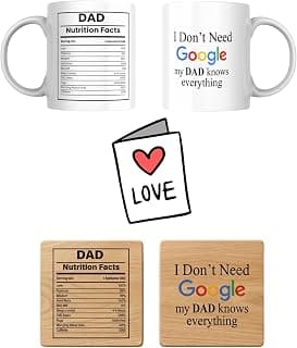 مج سيراميك للأب مع كوستر خشبي وبطاقة هدية | تصميم Nutrition Facts, I Don't Need Google, وجهان مطبوعان, مناسب للمناسبات, طقم 3 قطع