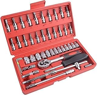 Gunpla 46 Piece 1/4" Drive Socket Wrench Driver Bits Metric Set Flexible Extension Rods with Reversible Ratchet Spanner for Car Bicycle Motor